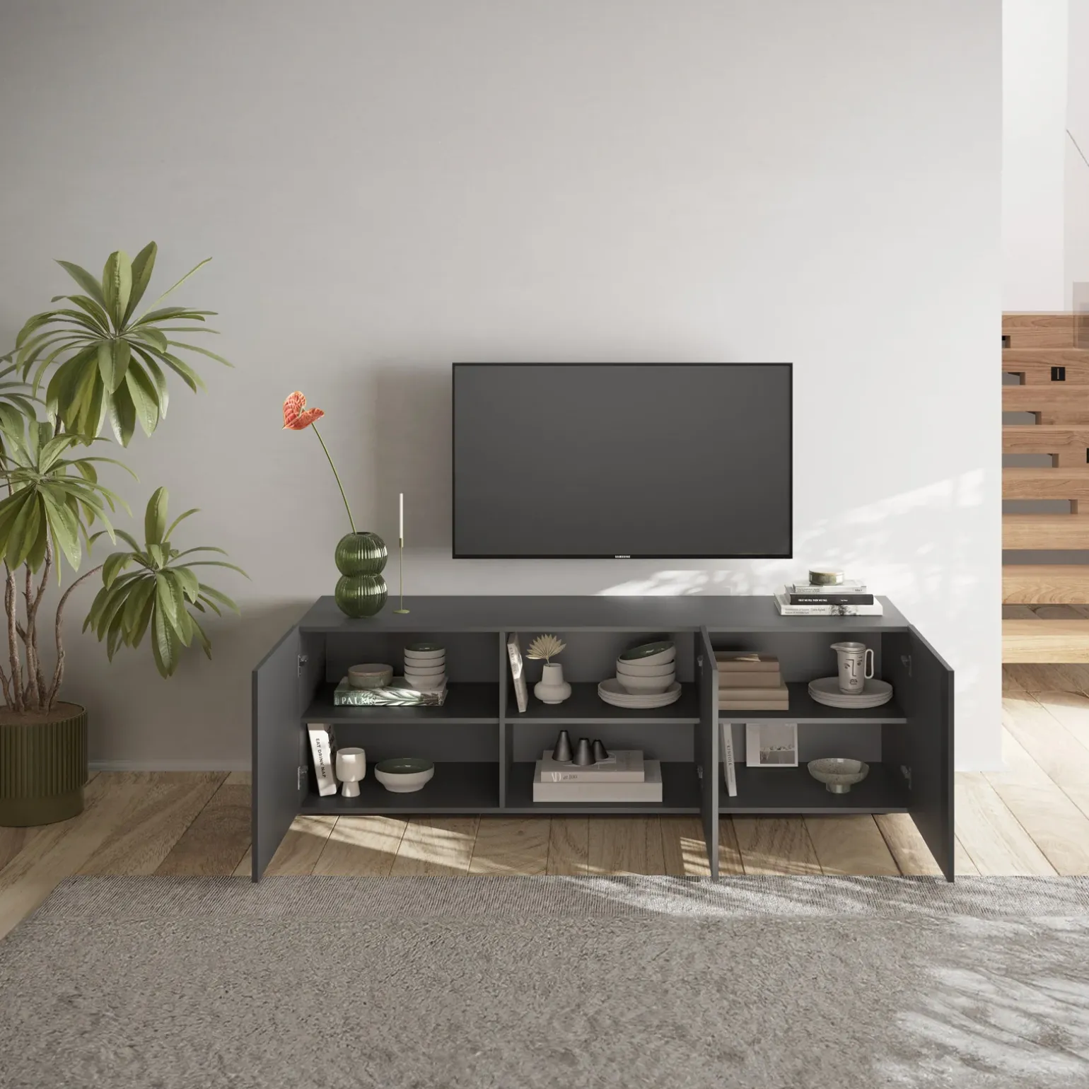 Mobile porta TV 181x69h cm 3 ante antracite frontali serigrafati Seira