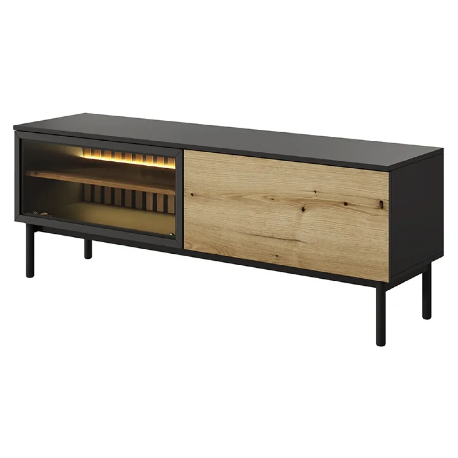 Mobile porta TV 150x55h cm 2 ante con led nero opaco rovere Amel