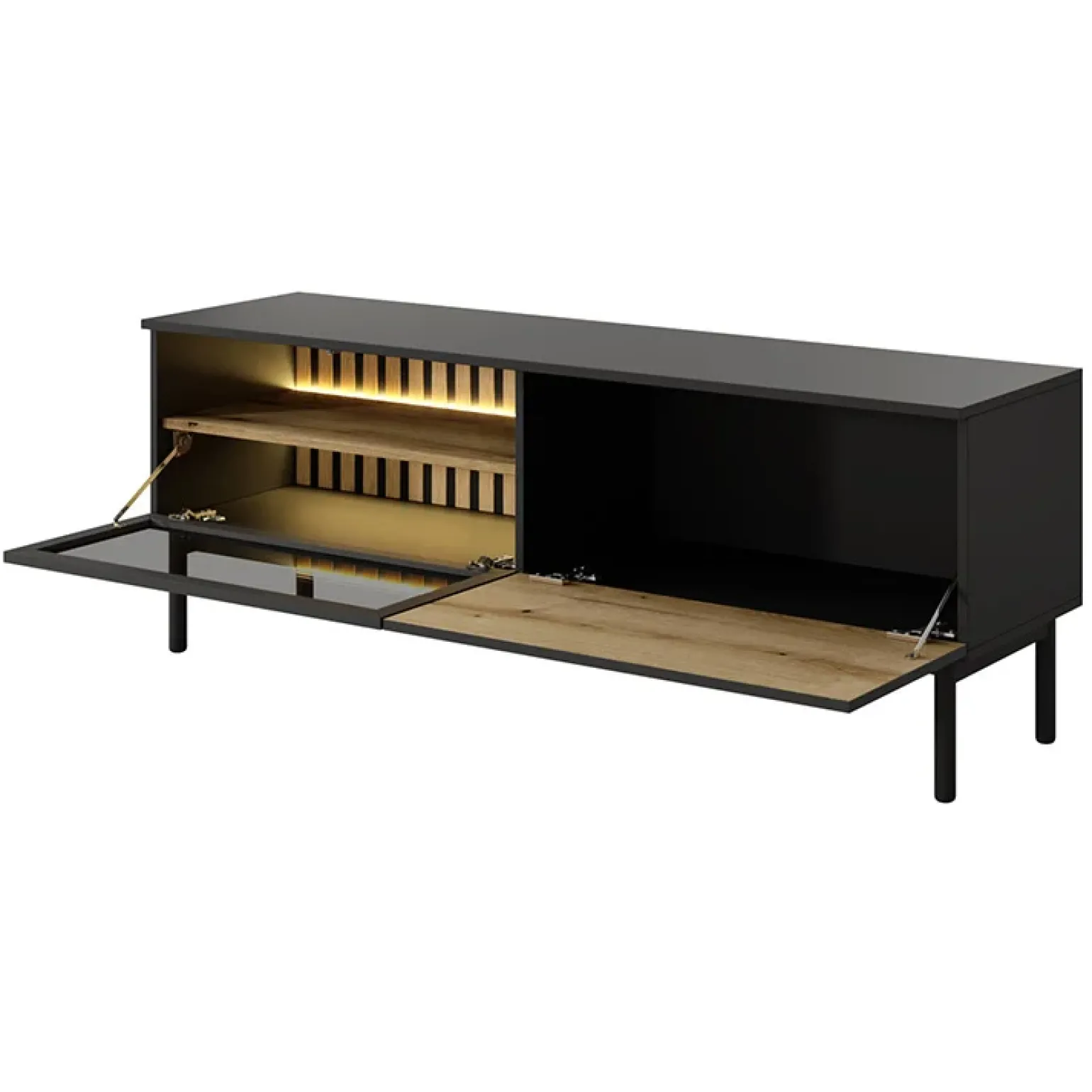 Mobile porta TV 150x55h cm 2 ante con led nero opaco rovere Amel