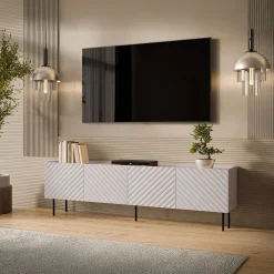 Mobile porta TV 200x59h cm 4 ante con frontali decorati beige Daniele