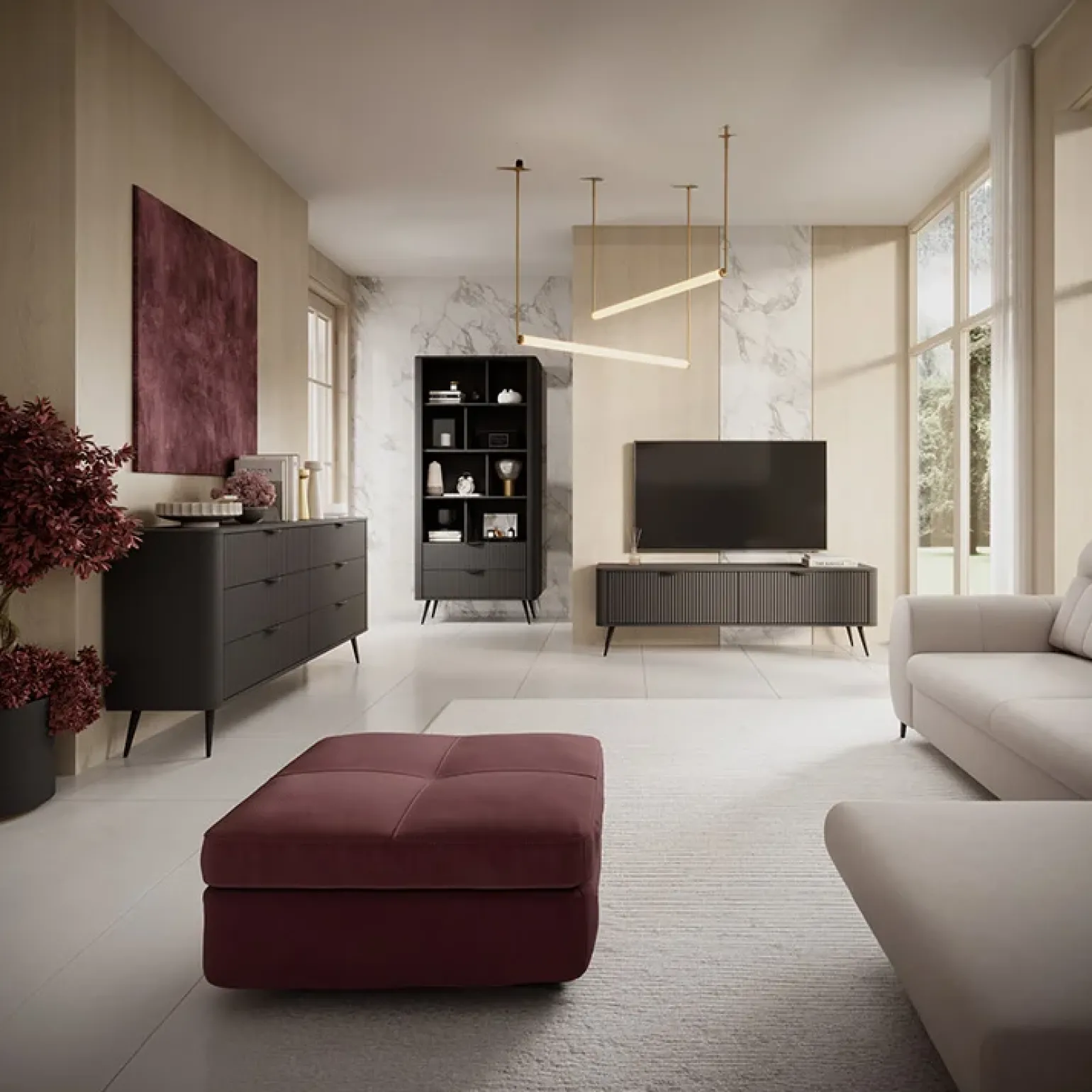 Mobile porta TV 200x51h cm 2 ante nero opaco cannettato Ramis