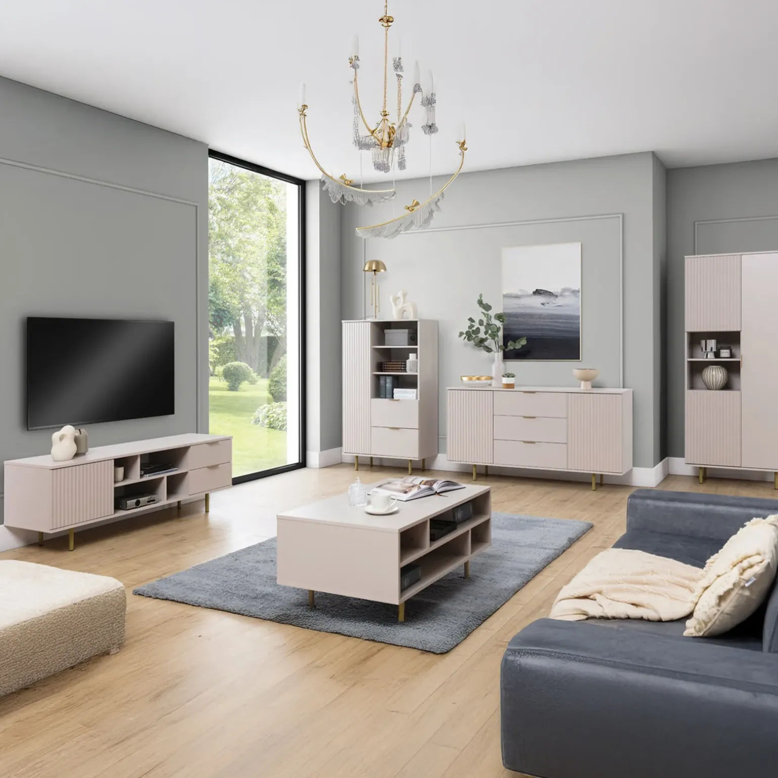 Mobile porta tv 150x52h cm 1 anta 2 cassetti cannettato moderno beige Vanessa