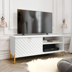 Mobile porta TV 120x50h cm 1 anta 2 vani con frontali decorati bianco Amsterdam