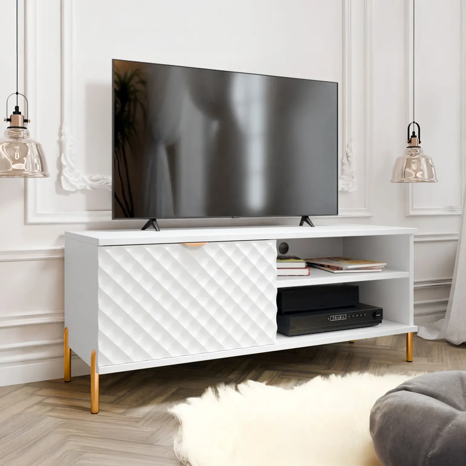 Mobile porta TV 120x50h cm 1 anta 2 vani con frontali decorati bianco Amsterdam