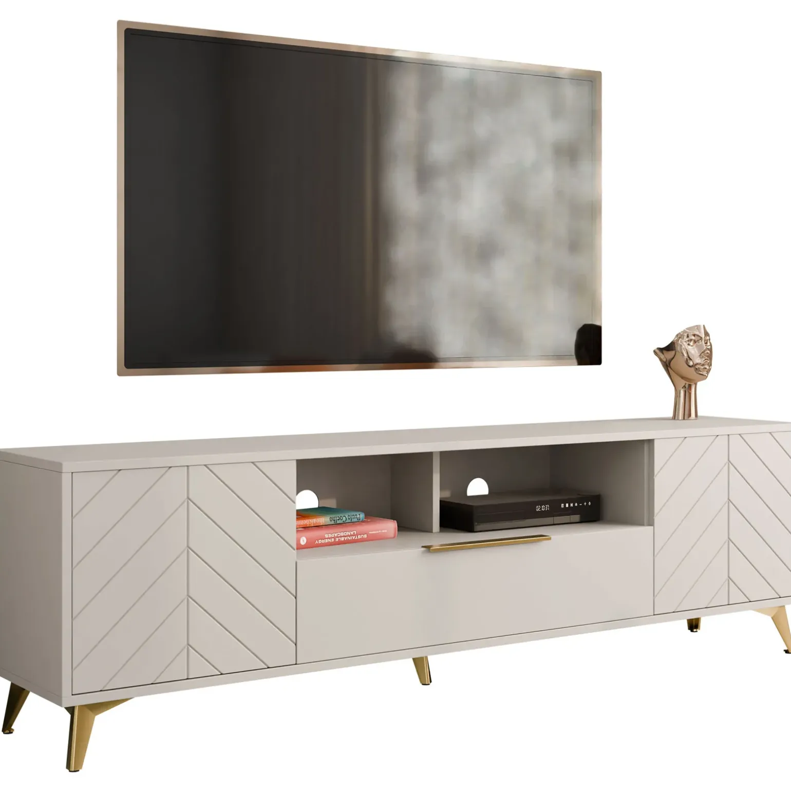 Mobile porta TV 204x60h cm 2 ante 2 cassetti 2 vani a giorno beige con frontali serigrafati Miriam