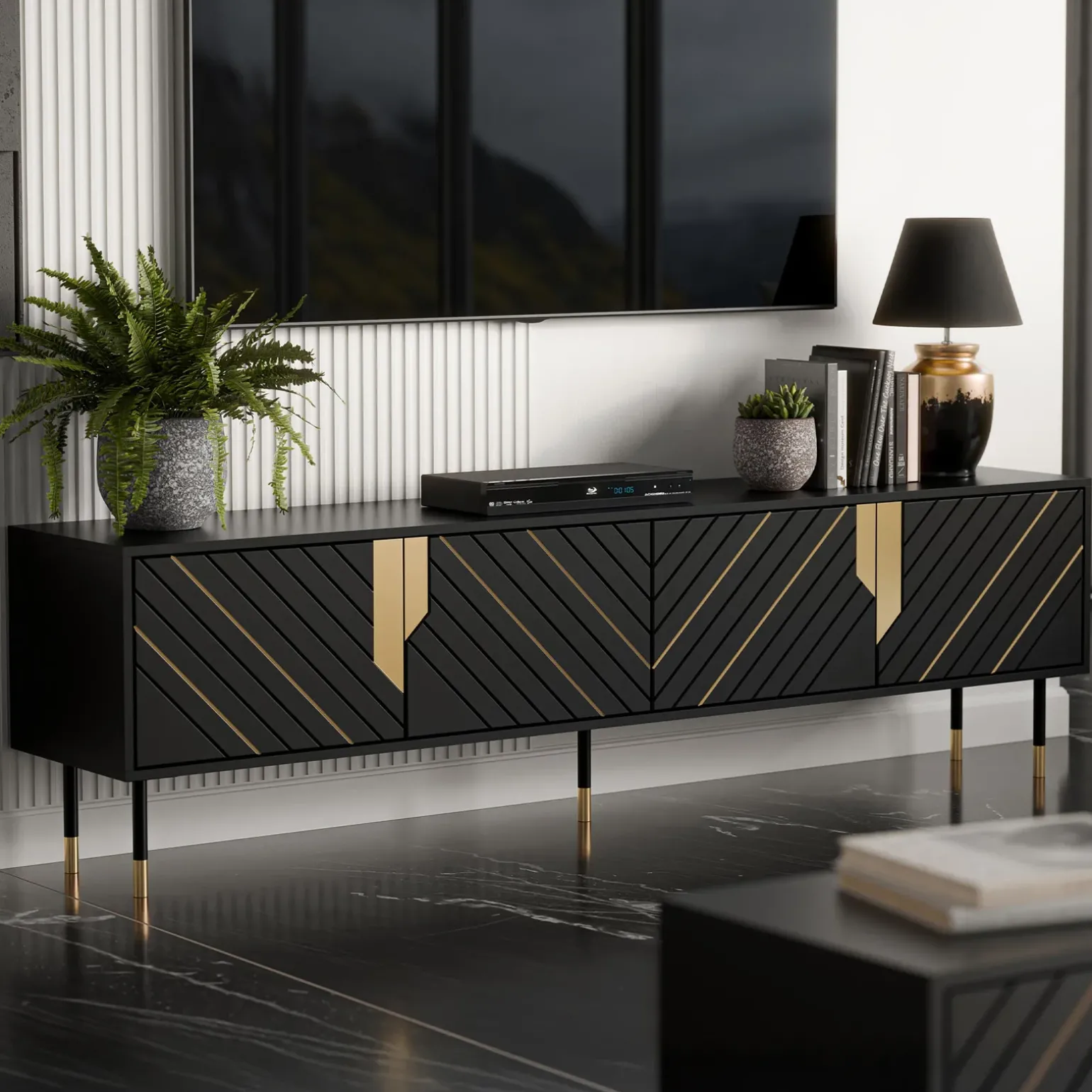 Mobile porta tv 204x55h cm 4 ante moderno nero oro Golden