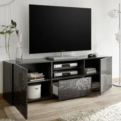 Mobile porta TV 181x57h cm 2 ante 1 cassetto soggiorno grigio laccato lucido Paradise