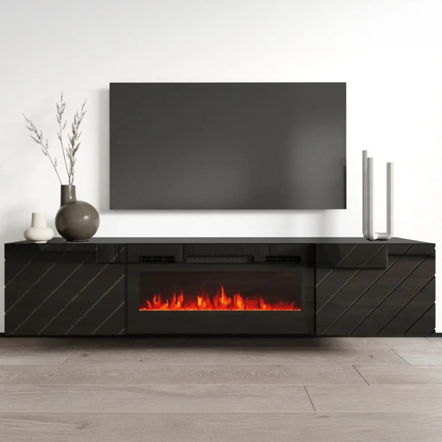 Mobile porta tv 183x38h cm 2 ante con biocamino nero lucido Armando