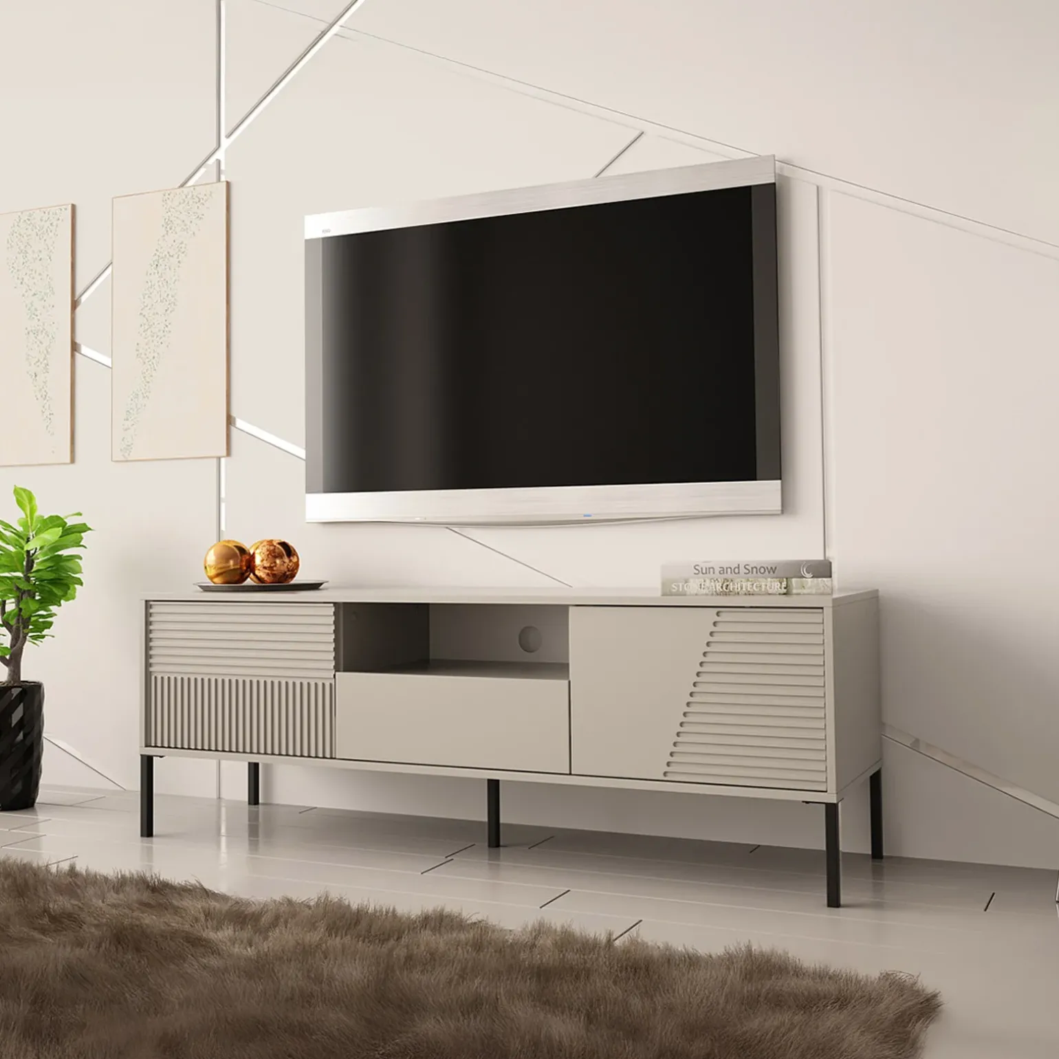 Mobile porta tv 155x54h cm 2 ante 1 cassetto cannettato beige Diana
