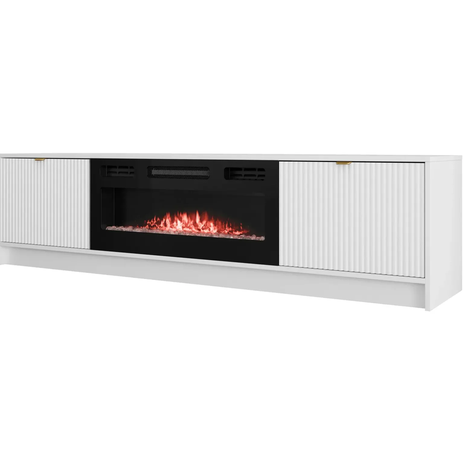 Mobile porta TV 182x48h cm 2 ante con caminetto bianco cannettato nero Athena