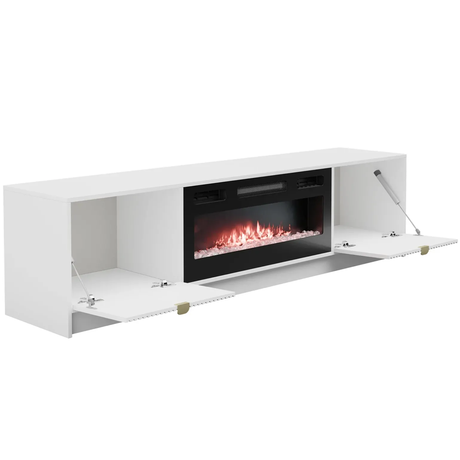 Mobile porta TV 182x48h cm 2 ante con caminetto bianco cannettato nero Athena