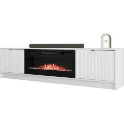 Mobile porta TV 182x48h cm 2 ante con caminetto bianco cannettato nero Athena