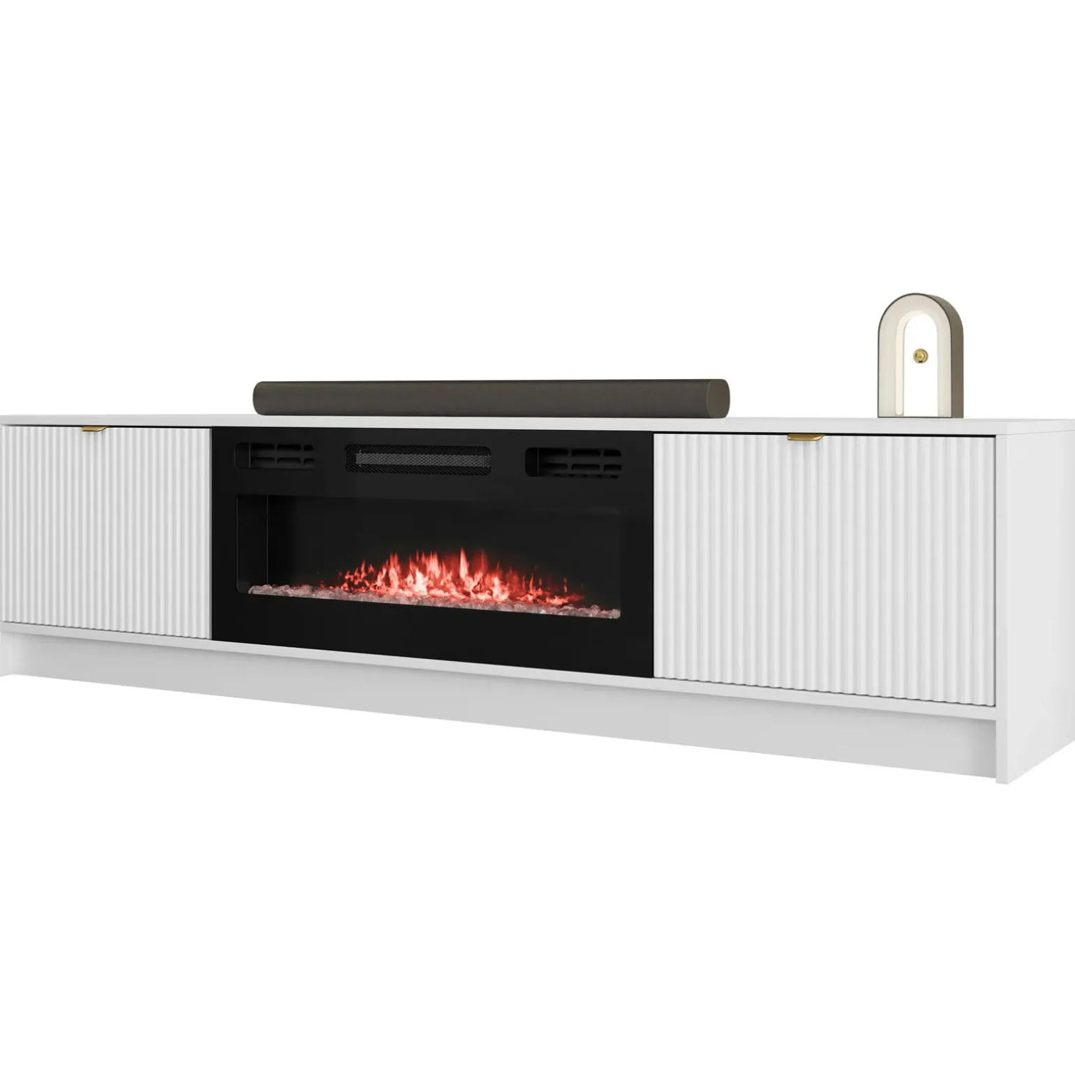 Mobile porta TV 182x48h cm 2 ante con caminetto bianco cannettato nero Athena