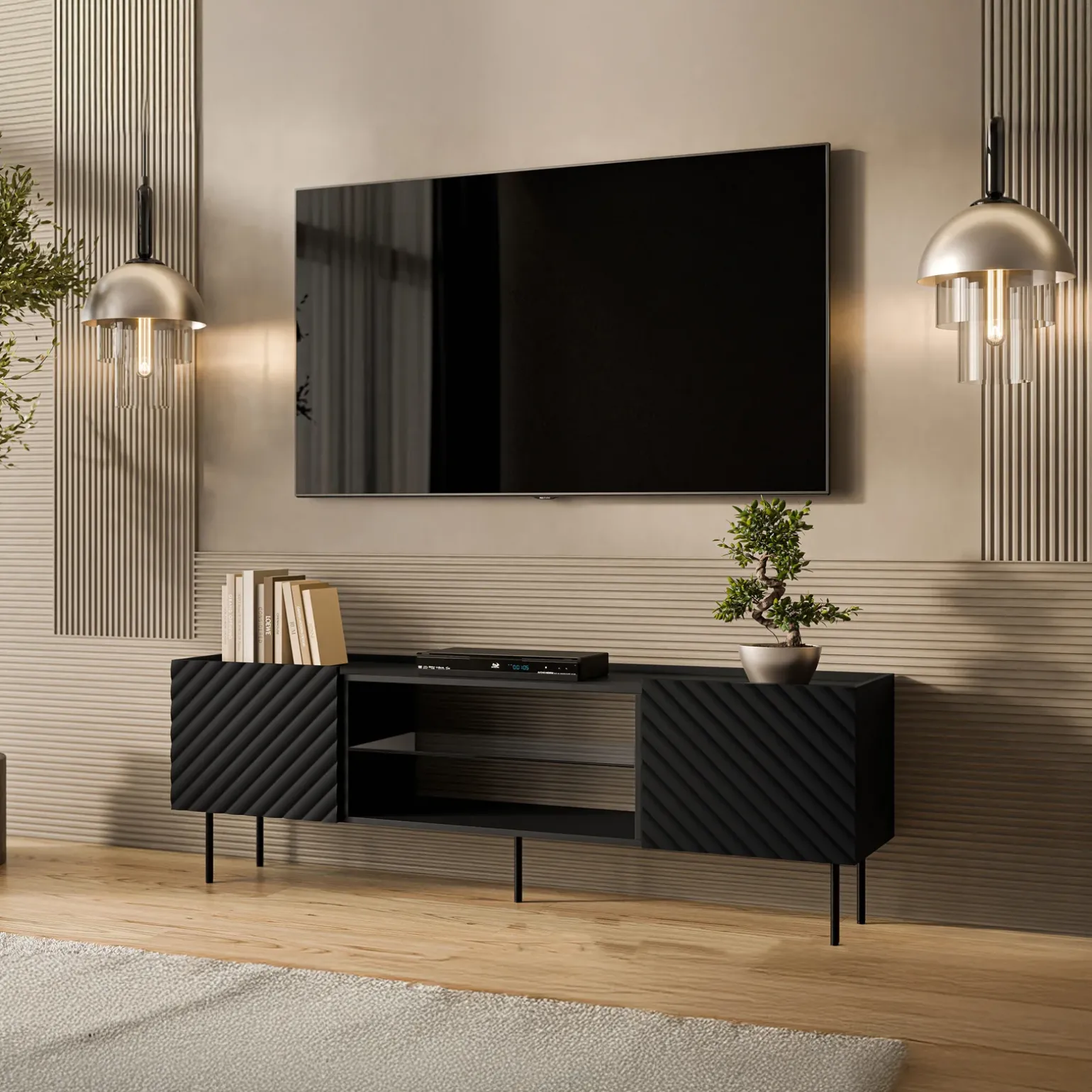 Mobile porta TV 181x59h cm 2 ante 2 vani con frontali decorati nero Daniele
