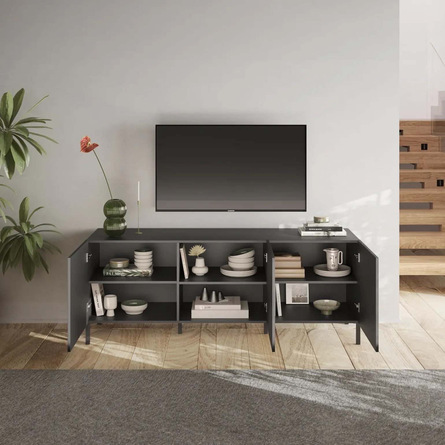Mobile porta TV 181x69h cm 3 ante serigrafate moderno antracite Grafea