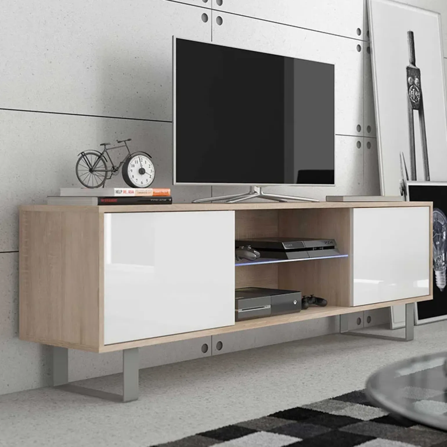 Mobile porta TV 160x53h cm 2 ante rovere bianco lucido Kelli