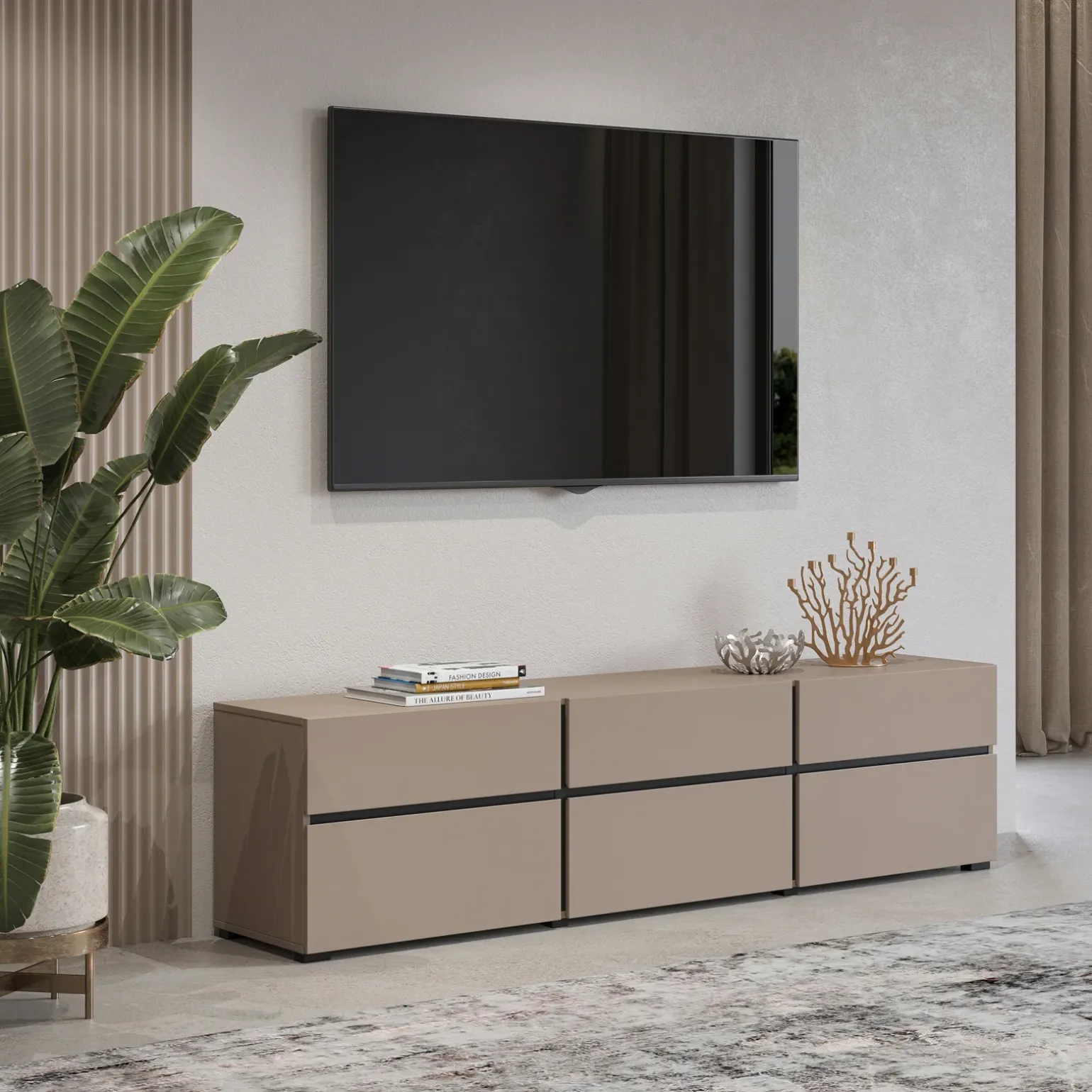 Mobile porta TV 180x48h cm 3 ante a ribalta 3 cassetti tortora nero Lolla
