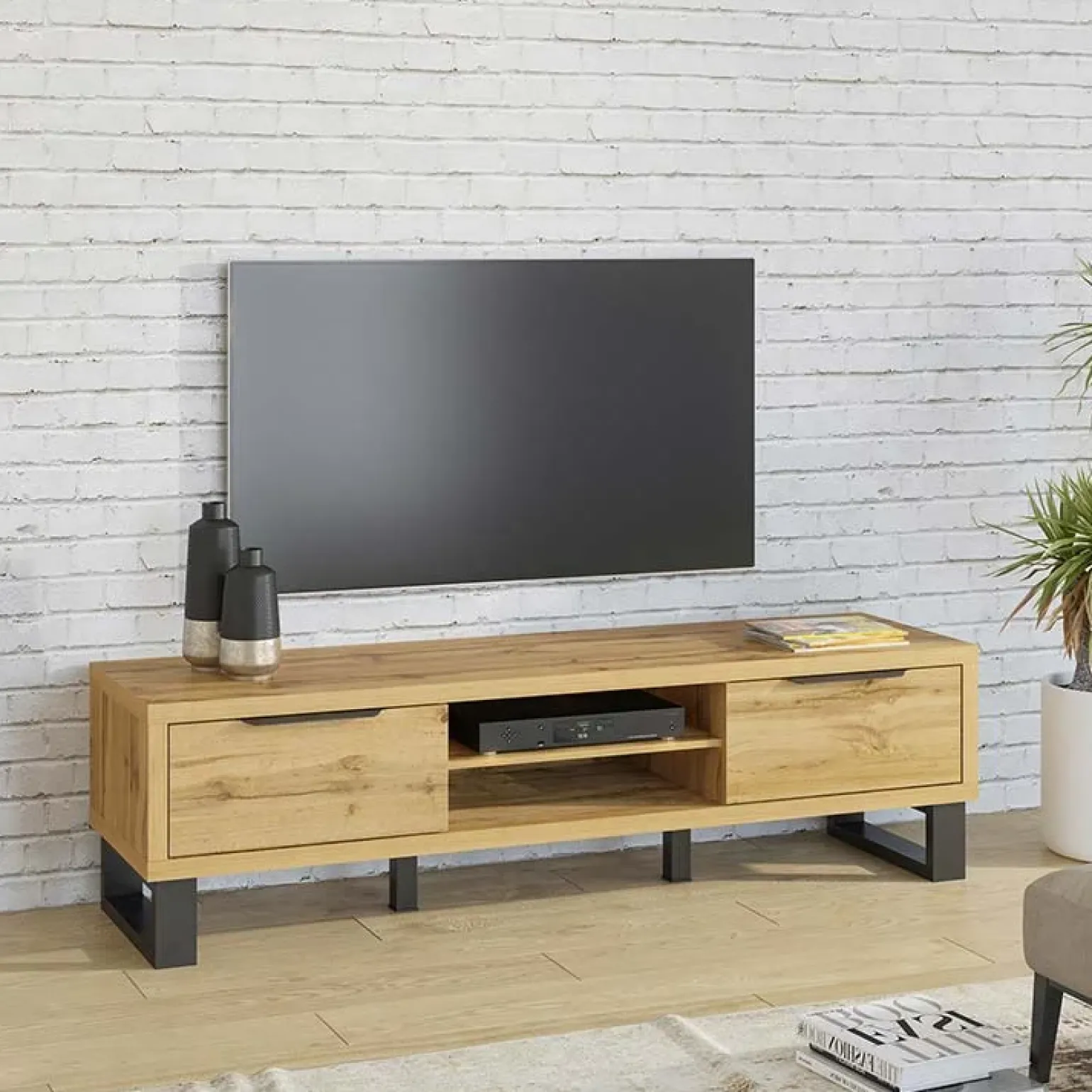 Mobile porta TV 180x50h cm 2 ante soggiorno quercia metallo nero Petra