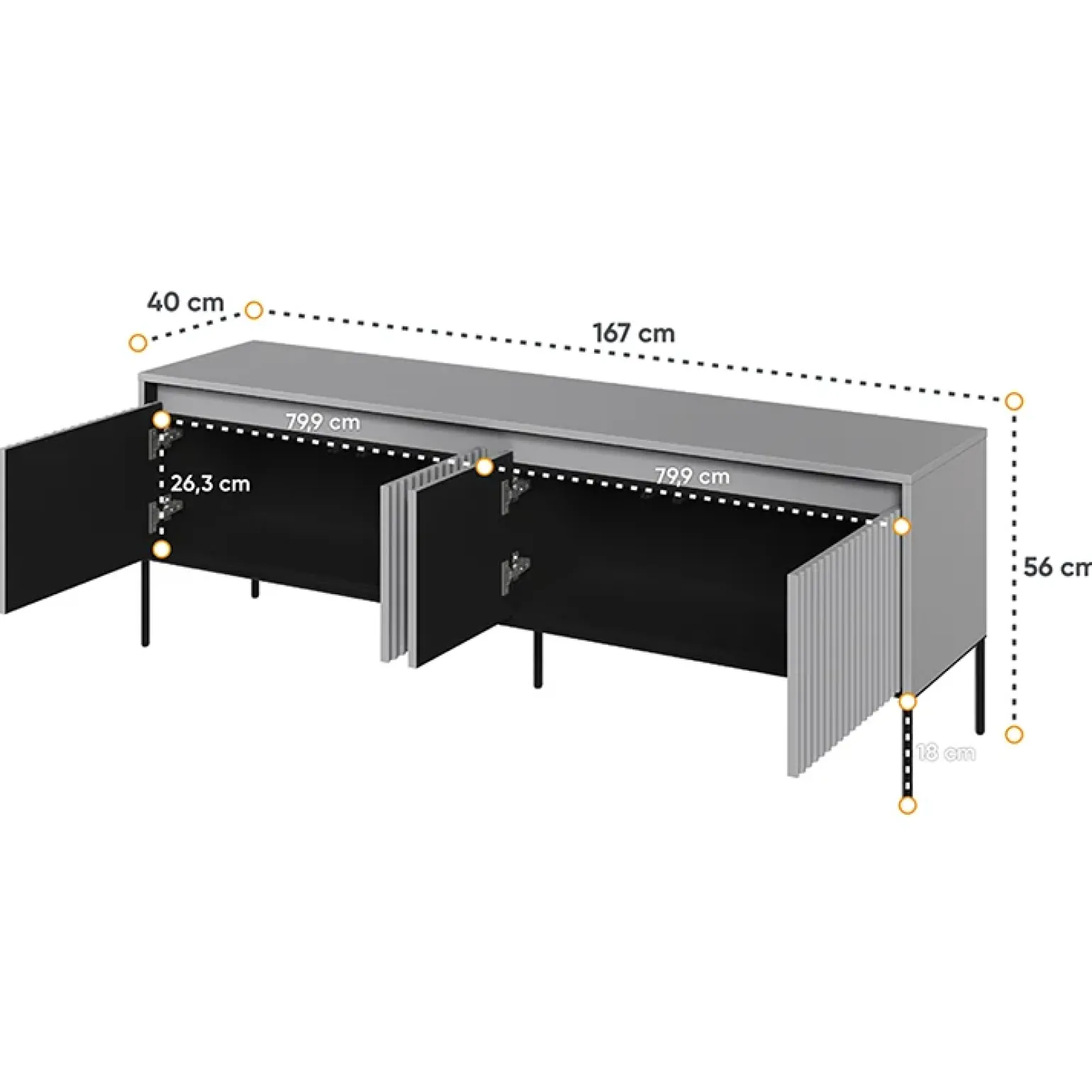 Mobile porta TV 167x56h cm 2 ante led cannettato grigio nero Camelia
