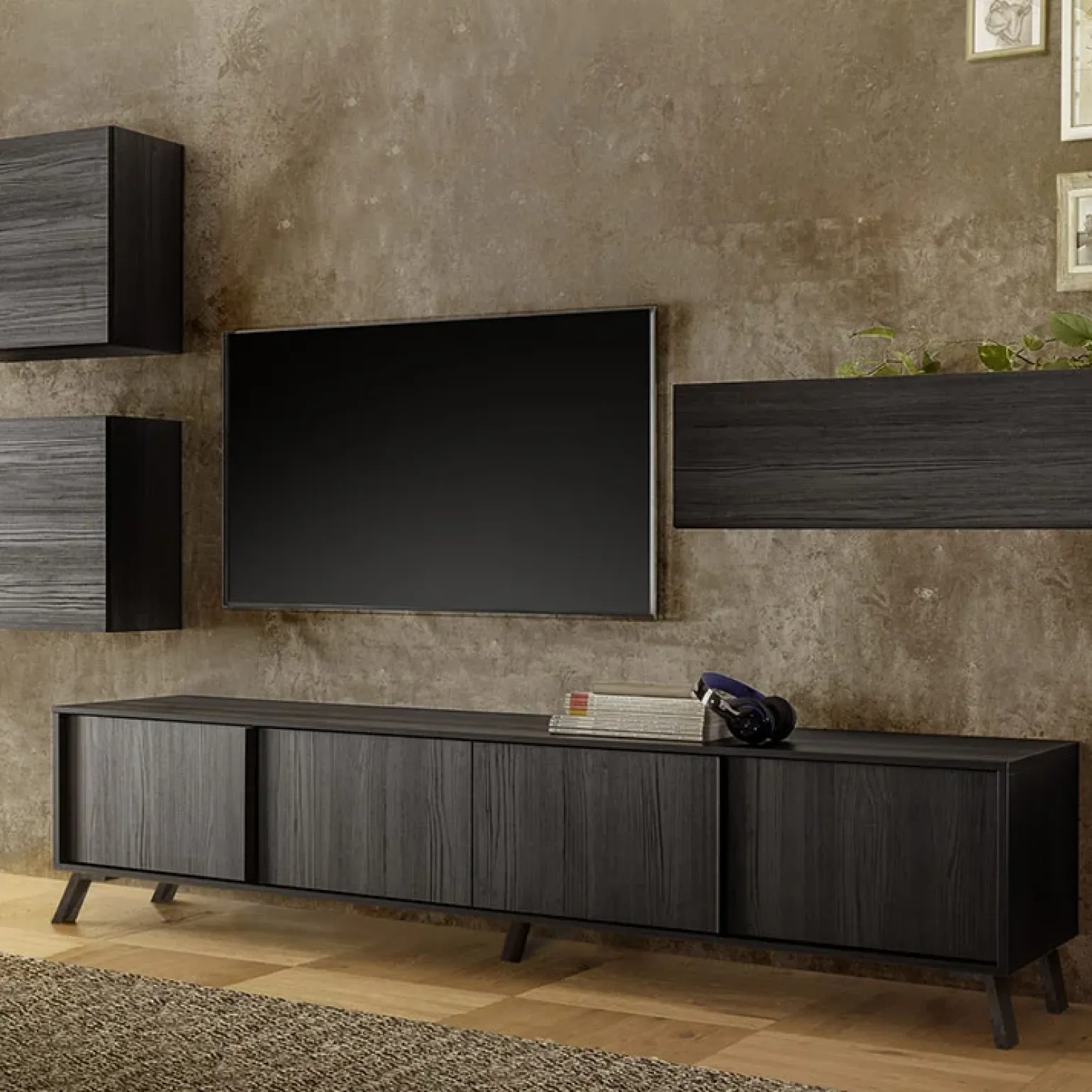 Mobile porta TV 205x48h cm 4 ante nero frassinato Tosca