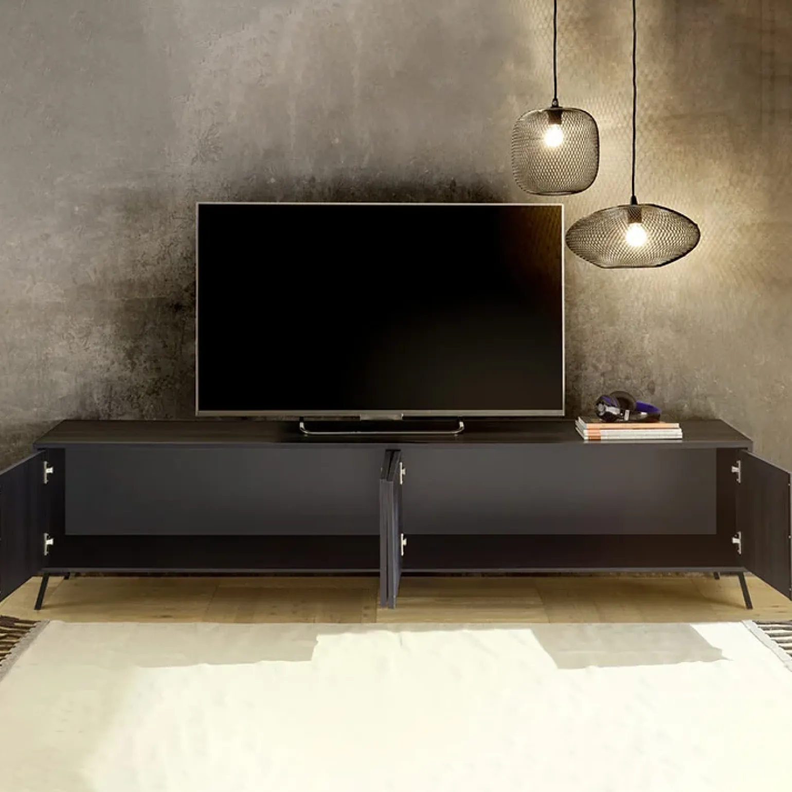Mobile porta TV 205x48h cm 4 ante nero frassinato Tosca