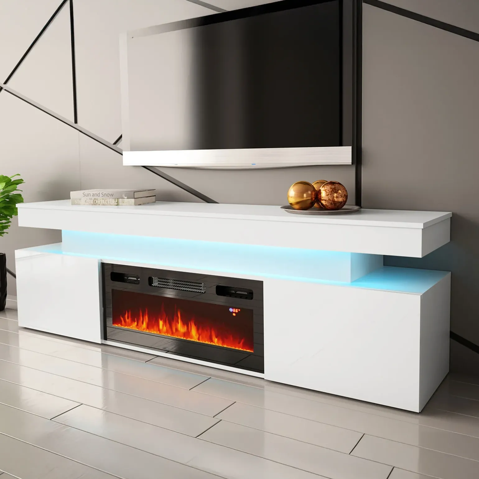 Mobile porta TV 190x59h cm 2 ante con caminetto con LED bianco Lumus