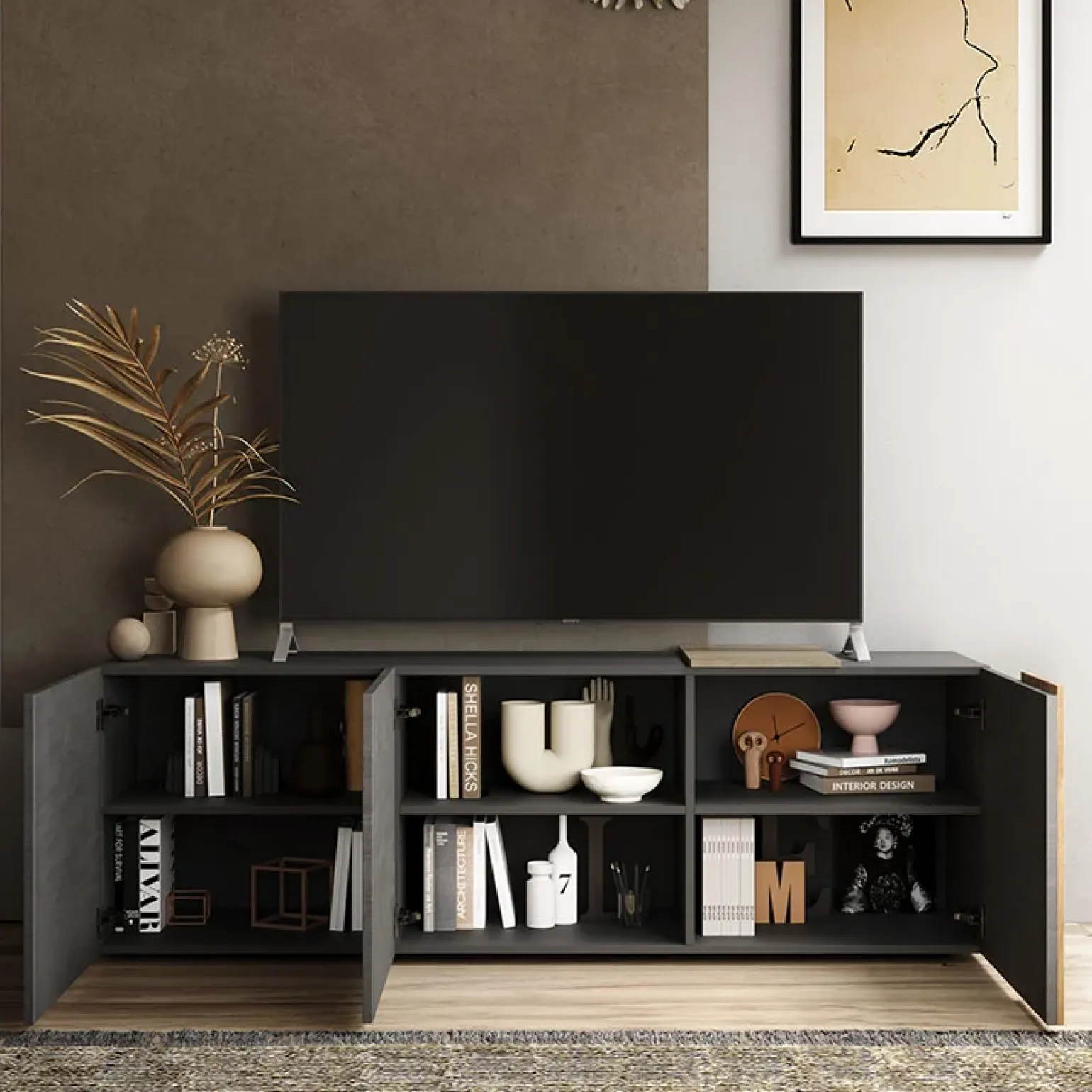 Mobile porta TV 181x59h cm 3 ante titanio rovere Universal