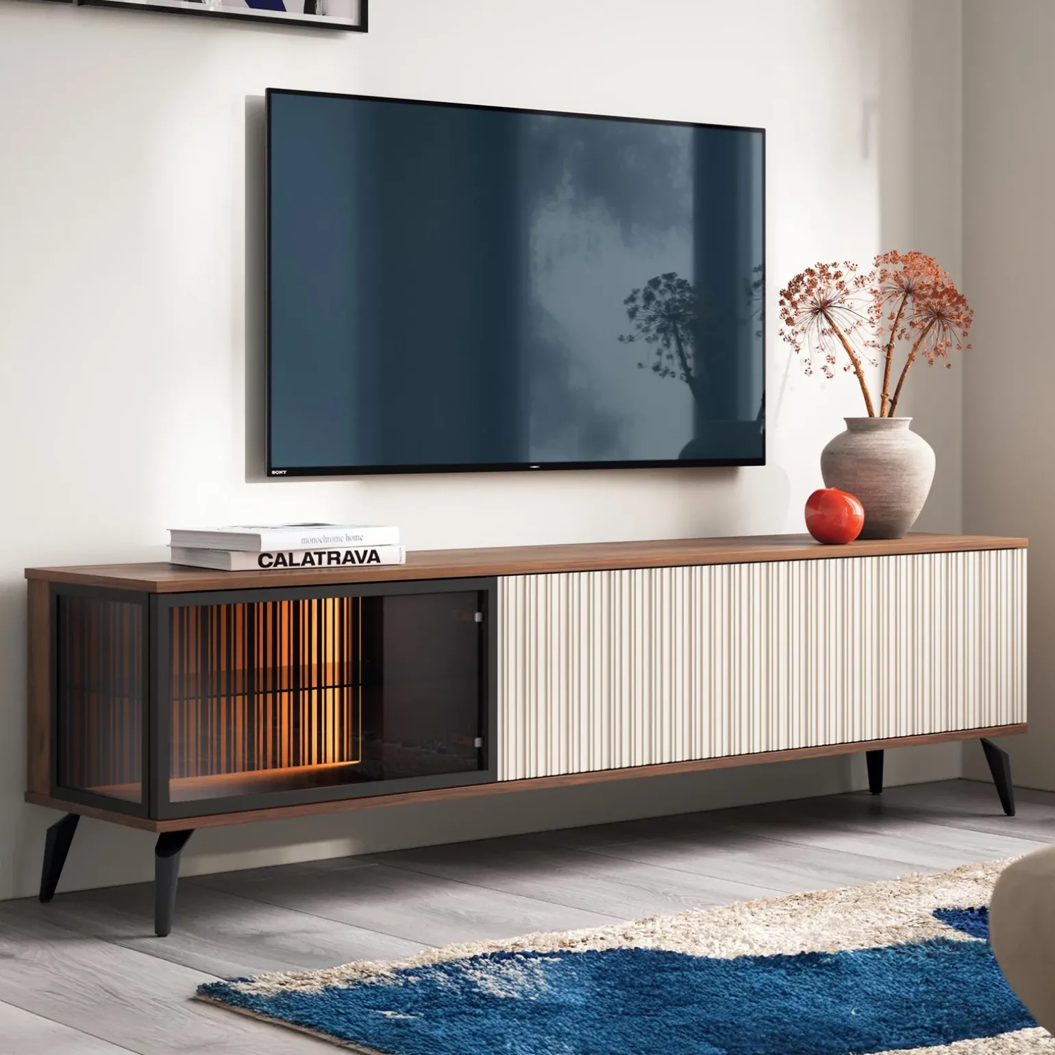 Mobile porta tv 180x50h cm 3 ante con LED cannettato noce beige Evelina