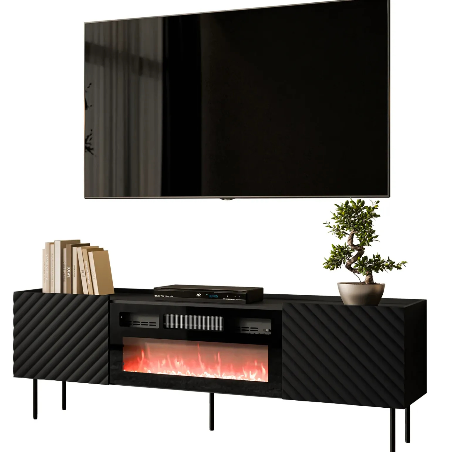Mobile porta TV 181x59h cm 2 ante con caminetto con frontali decorati nero Daniele