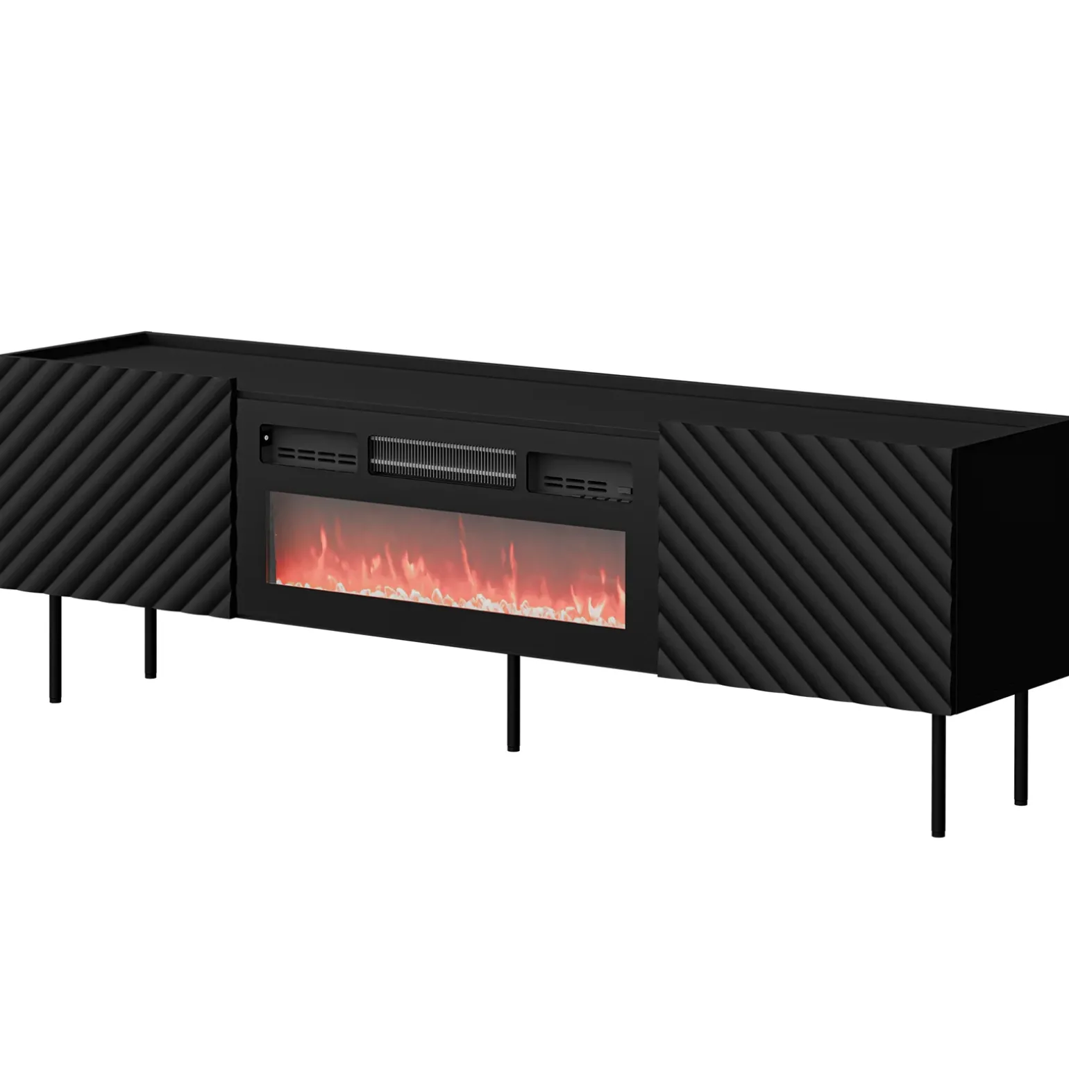 Mobile porta TV 181x59h cm 2 ante con caminetto con frontali decorati nero Daniele