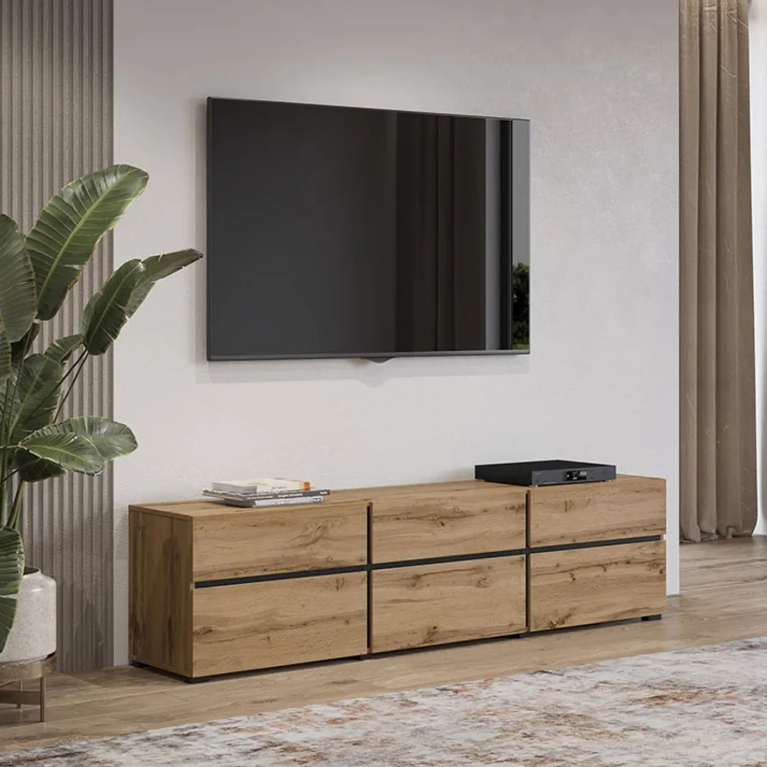 Mobile porta TV 180x48h cm 3 ante a ribalta 3 cassetti rovere nero Lolla
