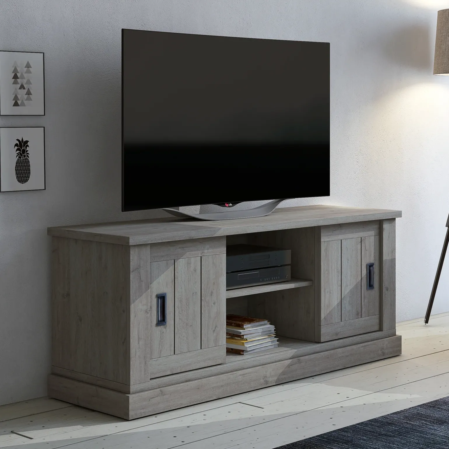 Mobile porta TV 145x60h cm 2 ante scorrevoli 2 vani a giorno rovere grigio nero Islen