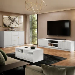 Mobile porta tv 180x40h cm 2 ante 2 vani a giorno cannettato bianco Athena