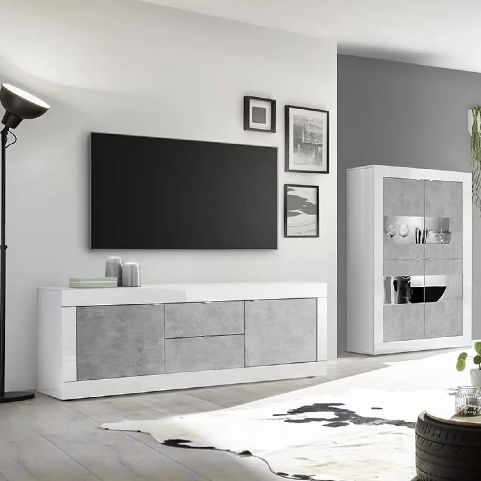 Mobile porta TV 210x66h cm 2 ante 2 cassetti bianco lucido cemento Eternity