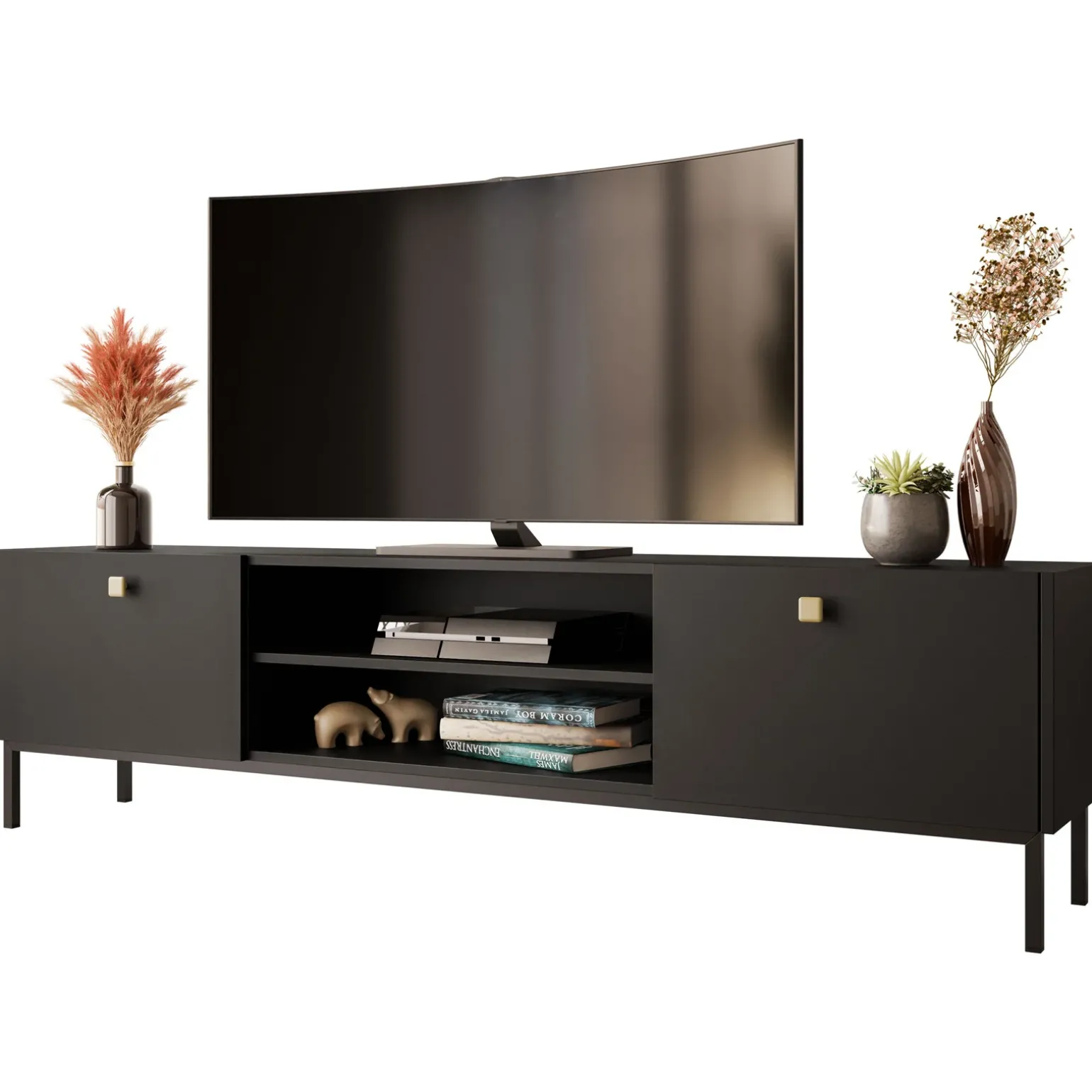 Mobile porta TV 180x48h cm 2 ante 2 vani nero opaco Giuggiola