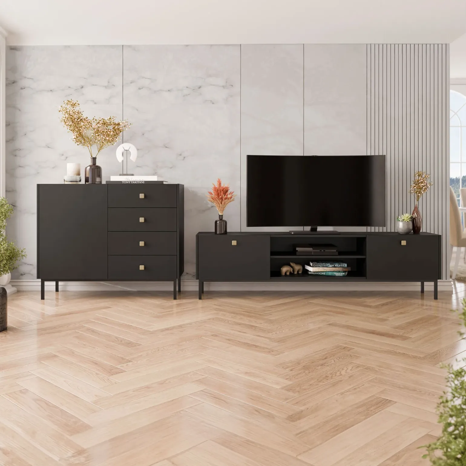 Mobile porta TV 180x48h cm 2 ante 2 vani nero opaco Giuggiola