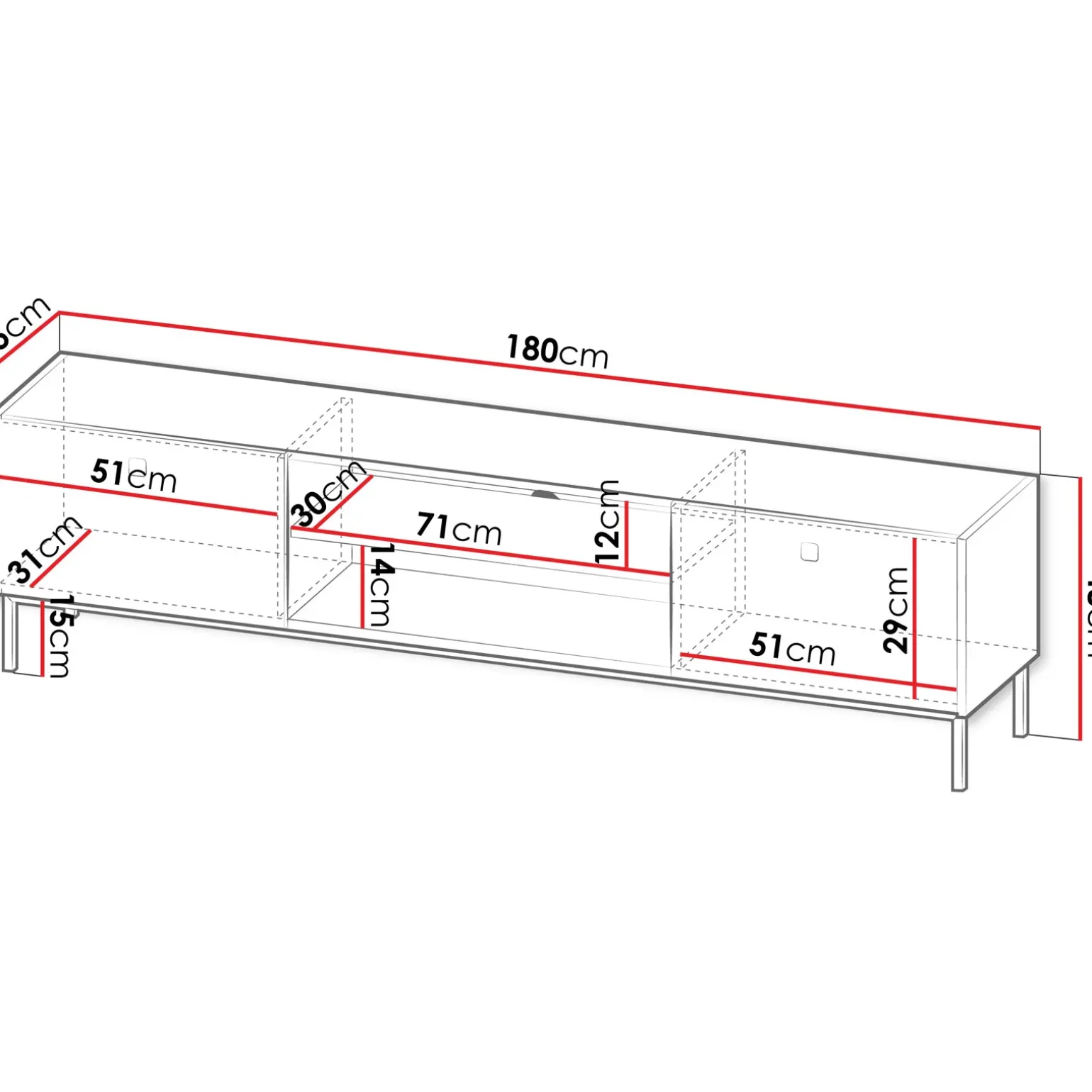 Mobile porta TV 180x48h cm 2 ante 2 vani nero opaco Giuggiola