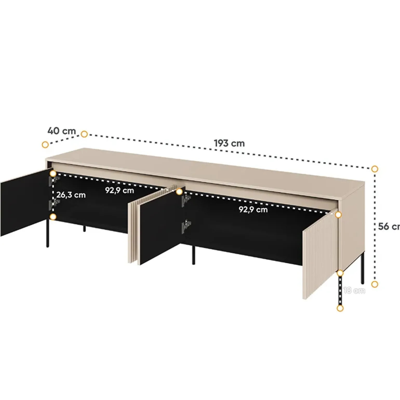 Mobile porta TV 193x56h cm 4 ante led cannettato beige nero Camelia