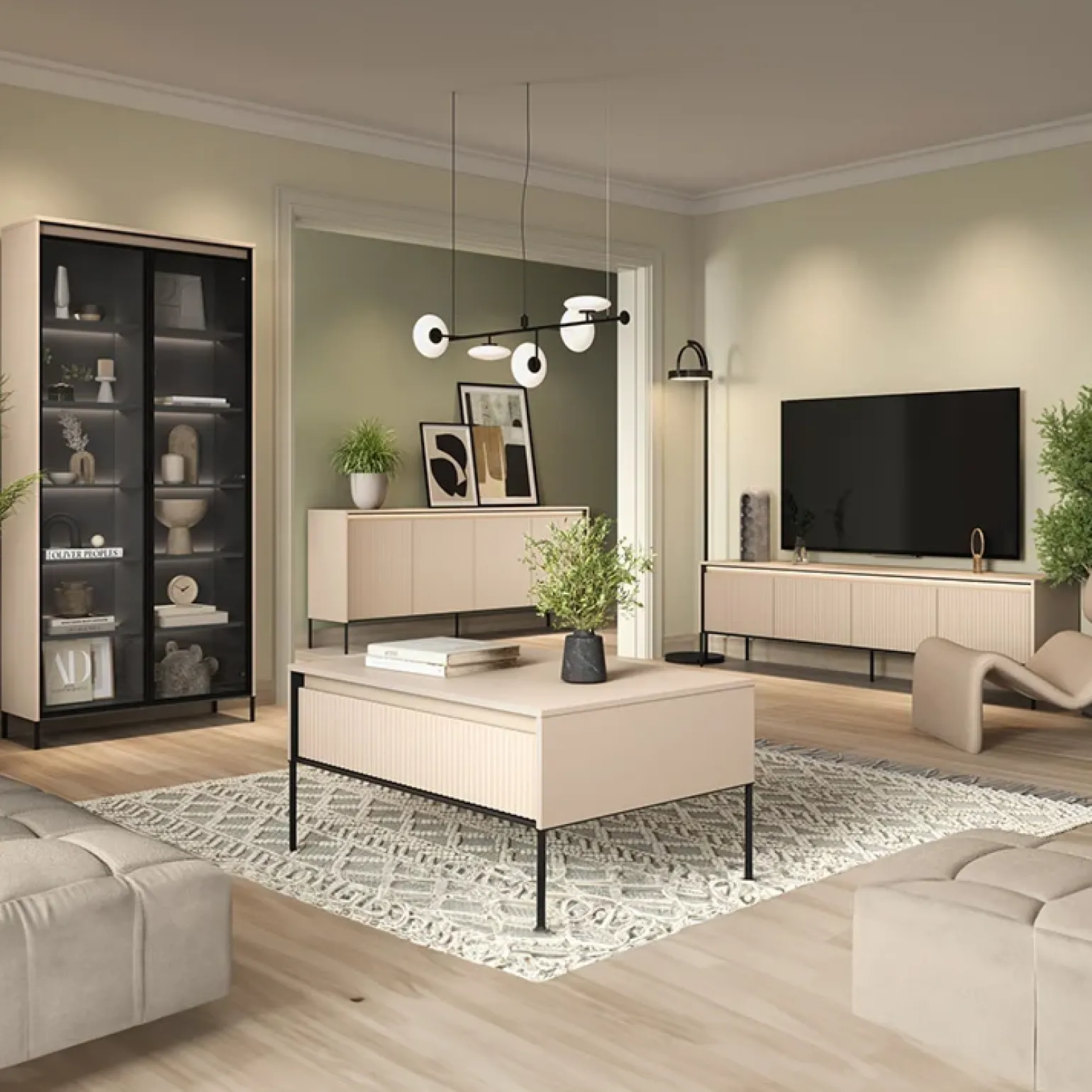 Mobile porta TV 193x56h cm 4 ante led cannettato beige nero Camelia
