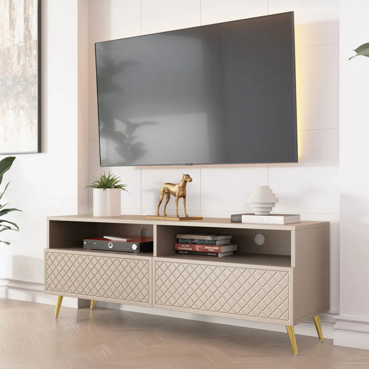 Mobile porta TV 150x57h cm 2 ante 2 vani con frontali decorati beige Simona