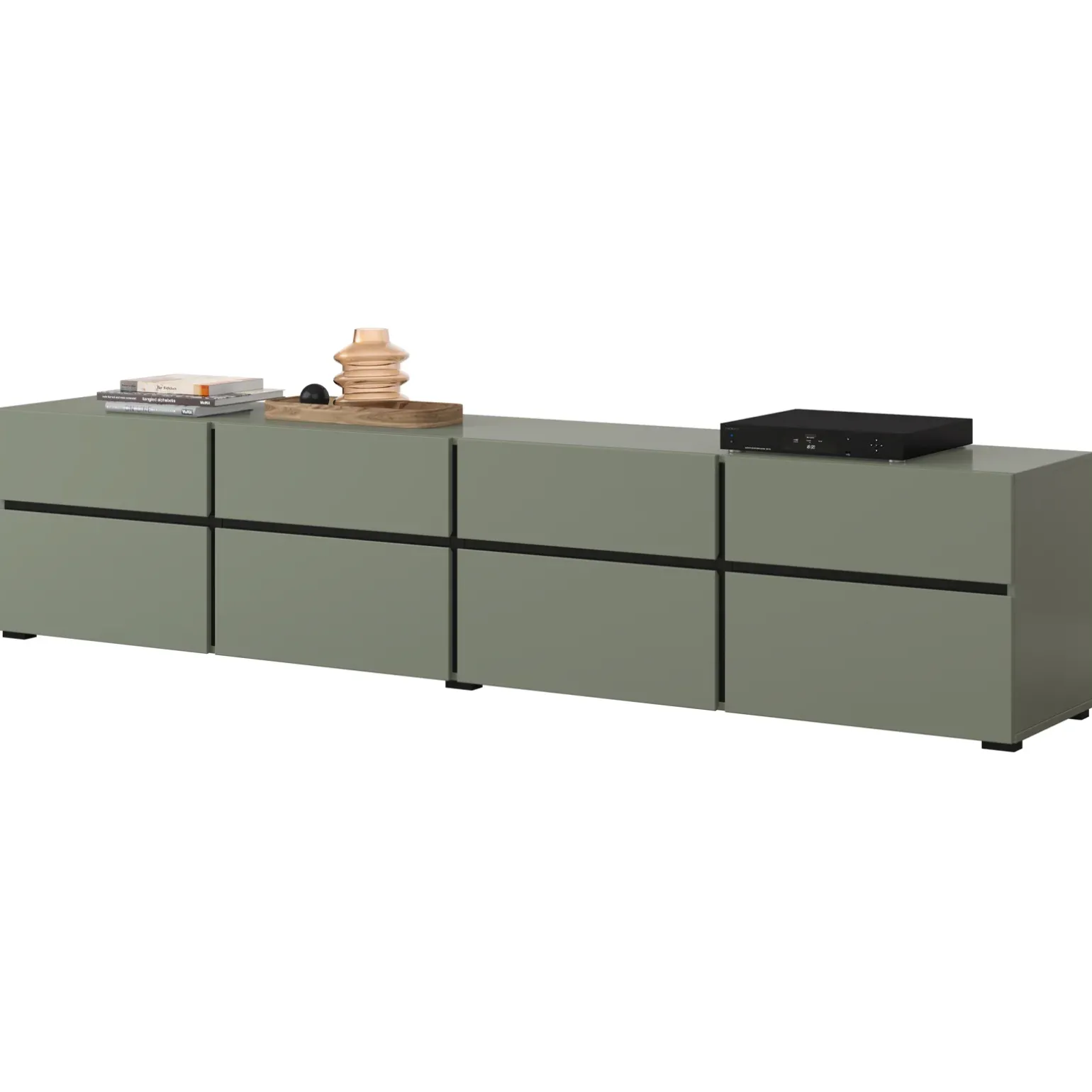 Mobile porta TV 225x48h cm 4 ante a ribalta 4 cassetti moderno verde nero Lolla
