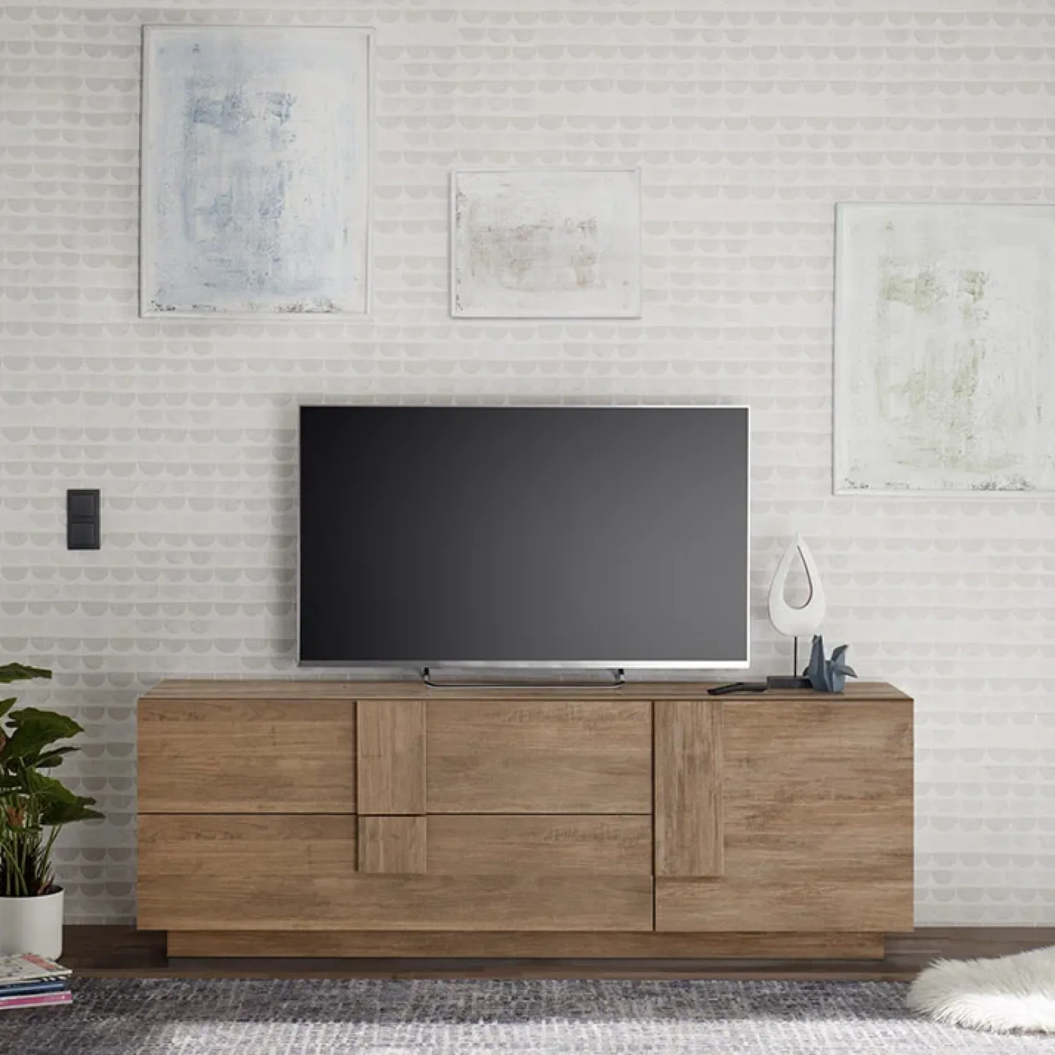 Mobile porta TV 182x63h cm 1 anta 2 cassetti moderno rovere Alvarez
