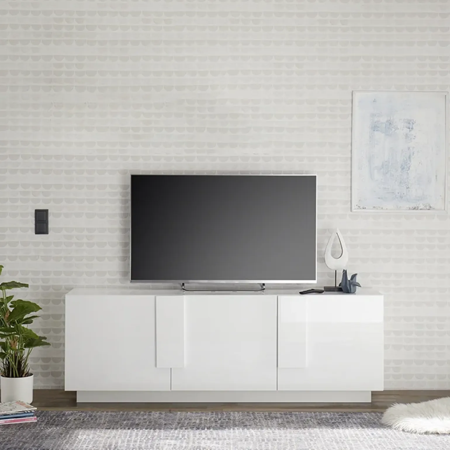 Mobile porta TV 182x63h cm 3 ante moderno bianco laccato lucido Alvarez