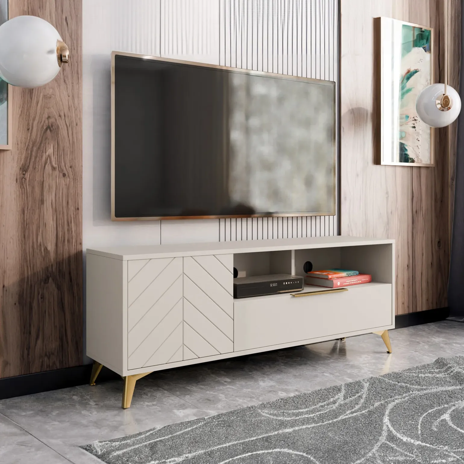 Mobile porta TV 154x60h cm 1 anta 2 cassetti 2 vani a giorno beige con frontali serigrafati Miriam