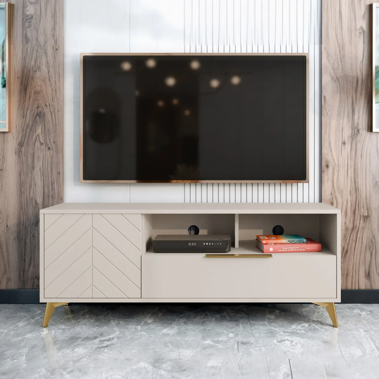 Mobile porta TV 154x60h cm 1 anta 2 cassetti 2 vani a giorno beige con frontali serigrafati Miriam
