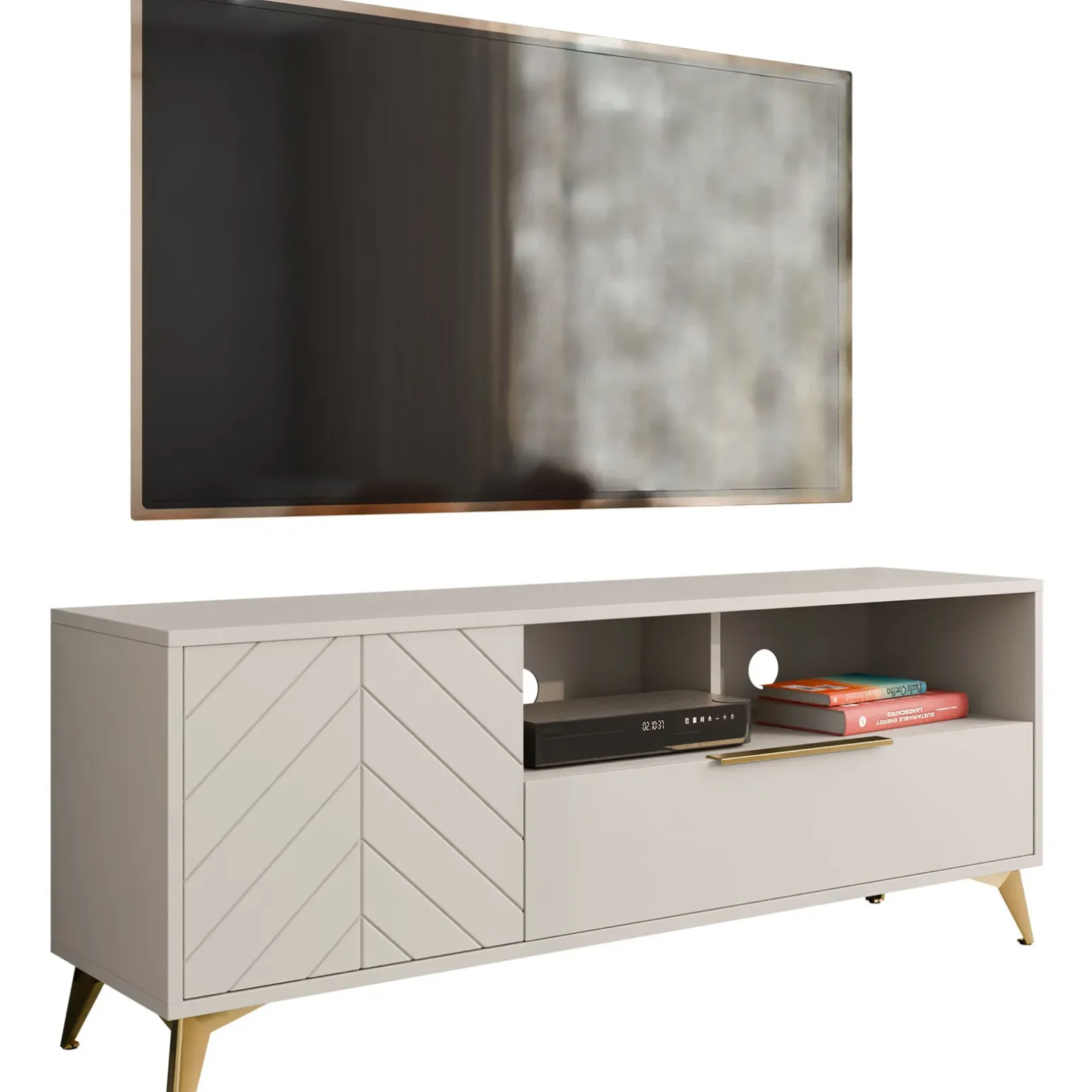 Mobile porta TV 154x60h cm 1 anta 2 cassetti 2 vani a giorno beige con frontali serigrafati Miriam