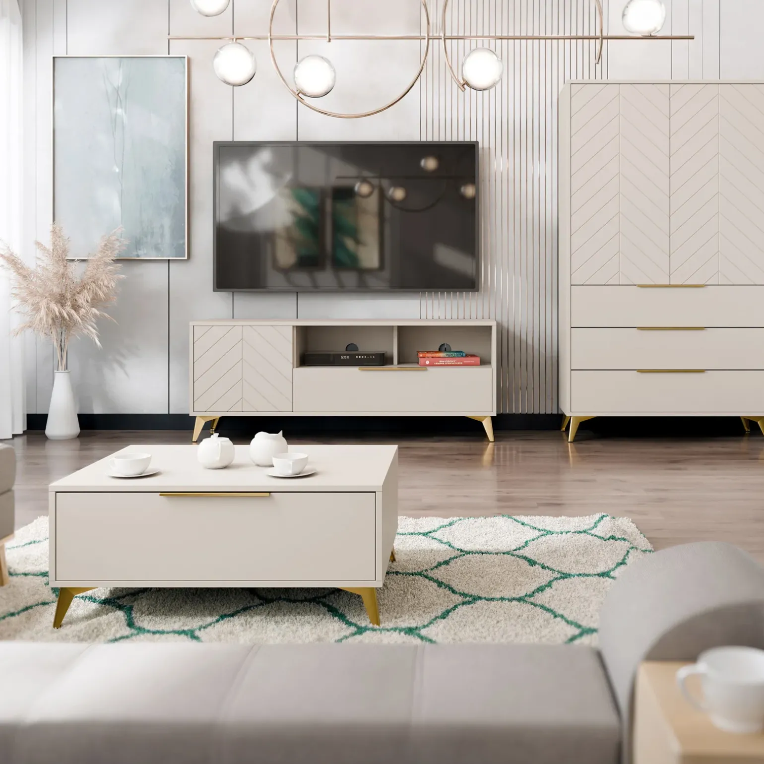 Mobile porta TV 154x60h cm 1 anta 2 cassetti 2 vani a giorno beige con frontali serigrafati Miriam