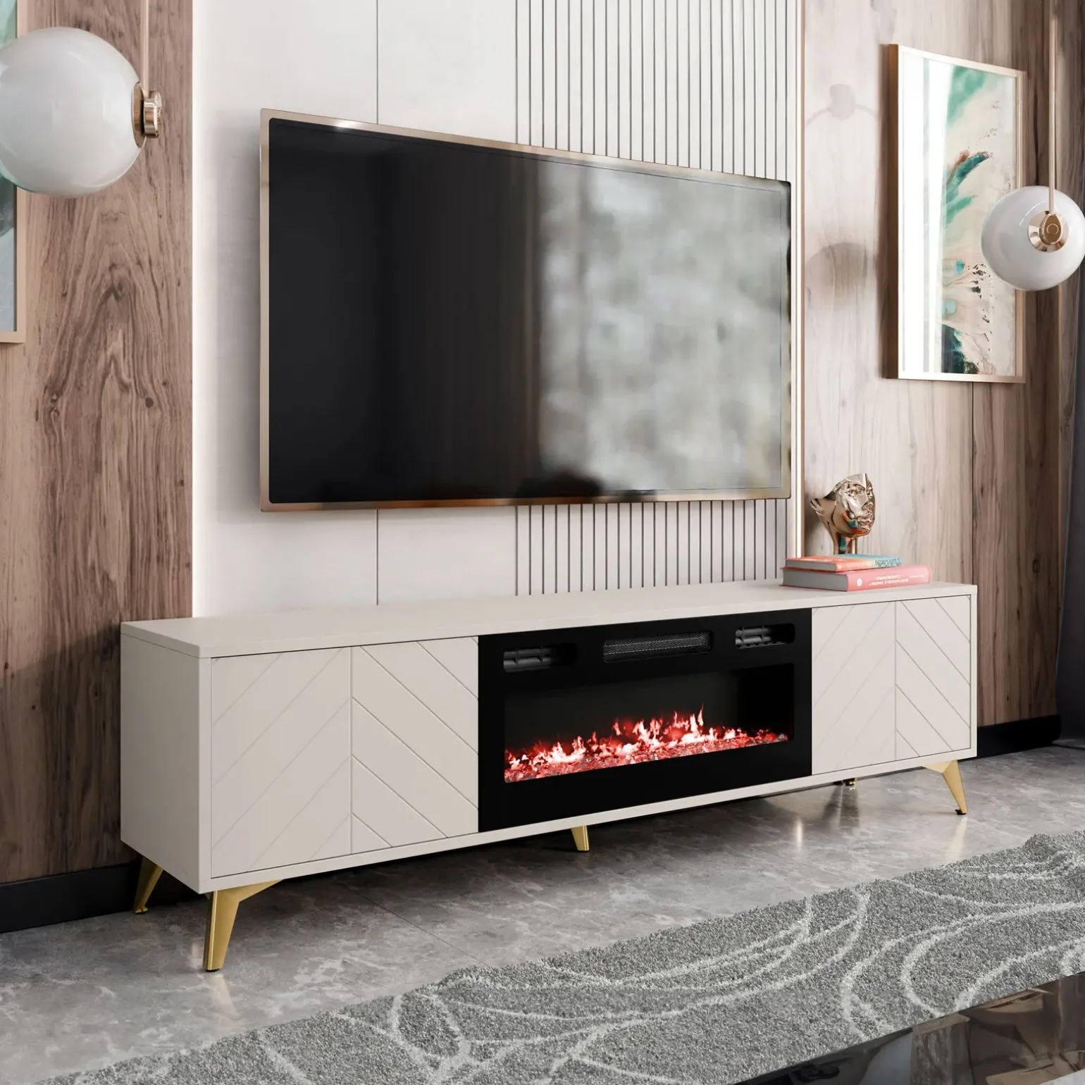Mobile porta TV 184x53h cm 2 ante con caminetto frontali serigrafati beige nero Miriam