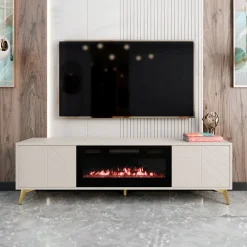 Mobile porta TV 184x53h cm 2 ante con caminetto frontali serigrafati beige nero Miriam