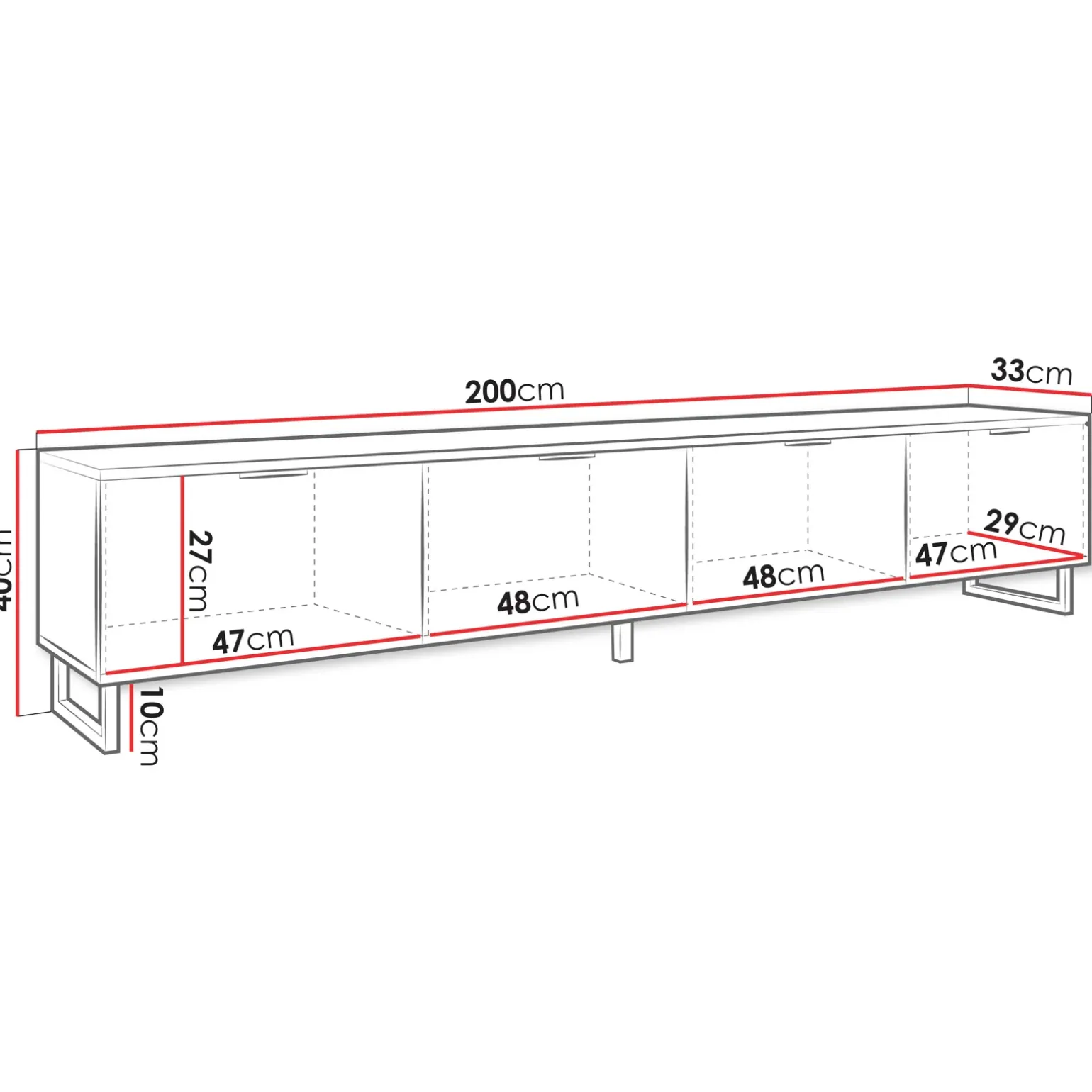 Mobile porta tv 200x40h cm 4 ante cannettato moderno nero grafite Tiziana